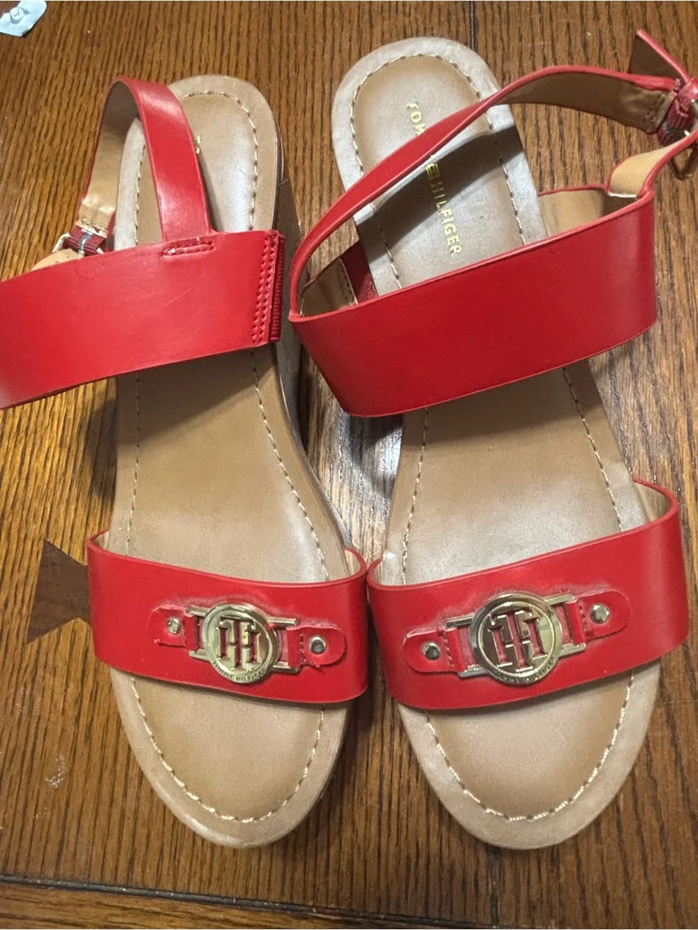 Tommy Hilfiger Kahdy Red Strappy Tan Wedge Sandals